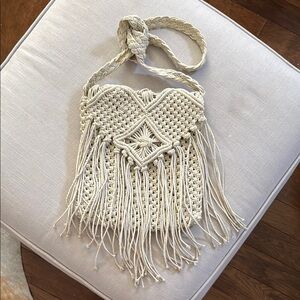 Cream Macramé Fringe Shoulder Bag